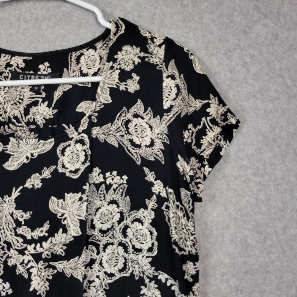 Citron Santa Monica Black Floral SS Faux Wrap Midi Shift Dress Medium Pockets - Picture 4 of 12